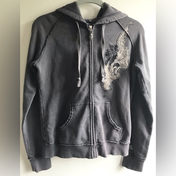 MM UNPLUGGED BEADED RHINESTONE EMBELLISHED GRAPHIC ZIP UP HOODIE - Picture 7 of 12